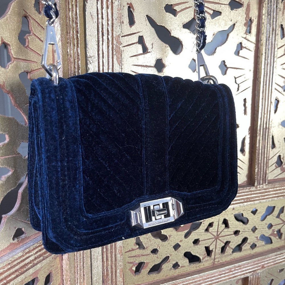 Rebecca Minkoff Navy Velvet Quilted Shoulder Bag with Chain
